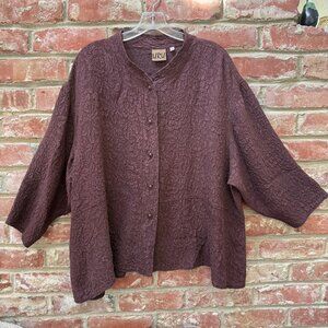 URU Venice Top XL Women's Brown Textured Silk Floral Jacquard Lagenlook USA Made